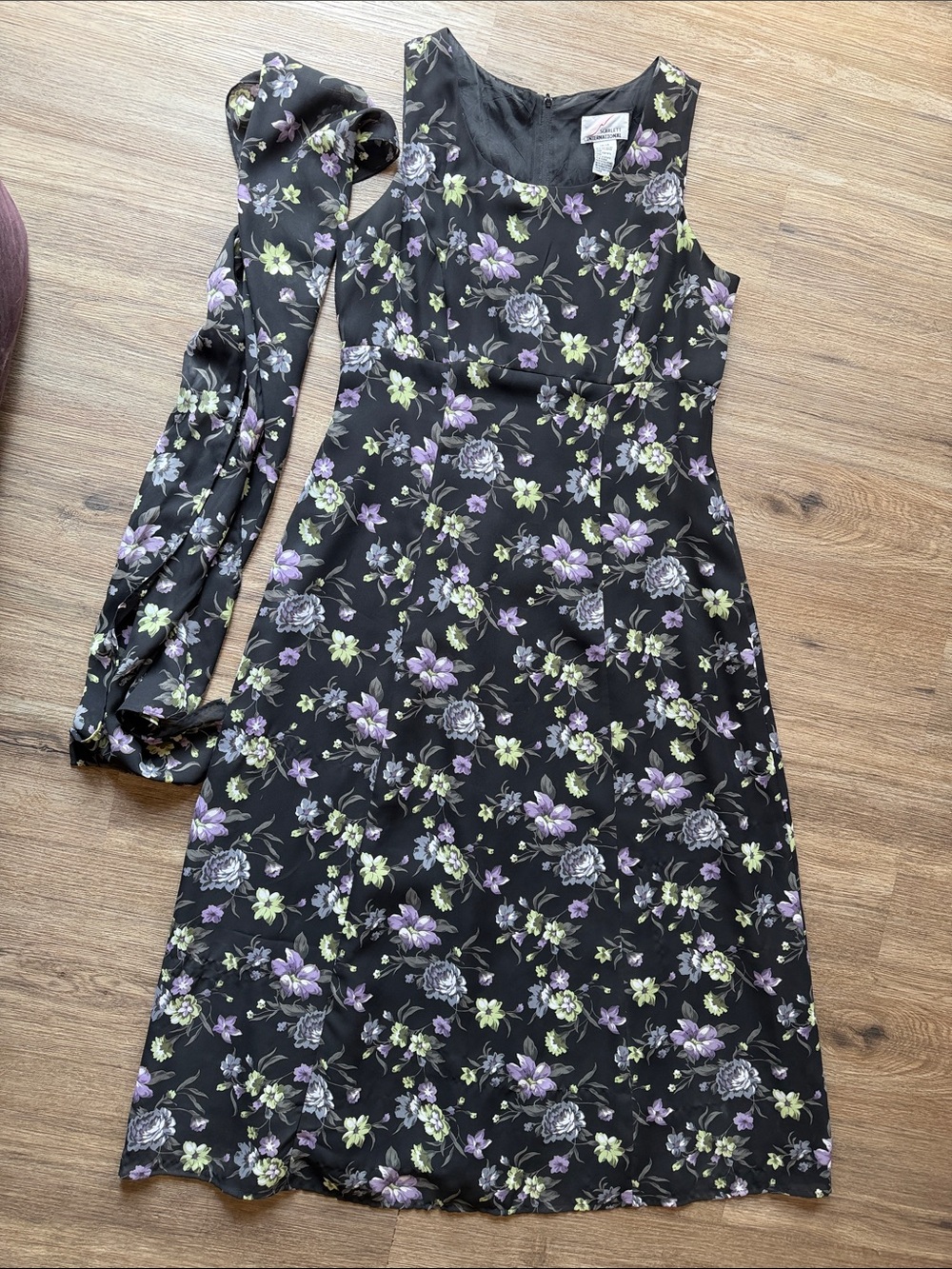 Black Floral Midi Dress with Purple & Green Blossoms